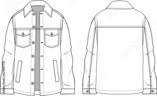 Unisex Denim Jacket- Technical fashion illustration. Front and back, white colour. Unisex CAD mock-up.