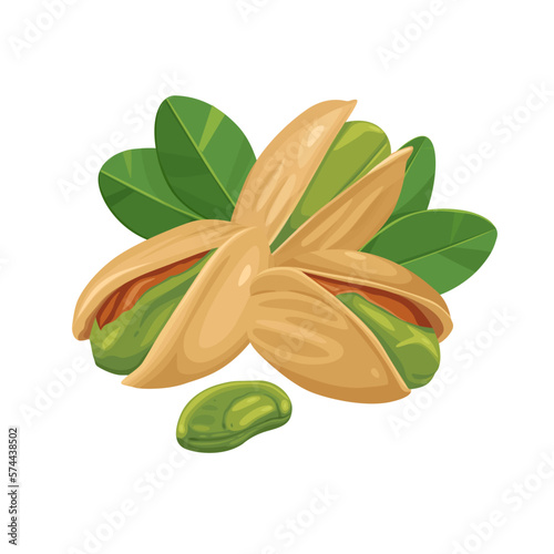 Vector product walnut pistachio icon. Pistachio nuts in the shell and with leaves. Illustration of food pistachio in flat minimalism style.Vector eps 10. perfect for design elements	