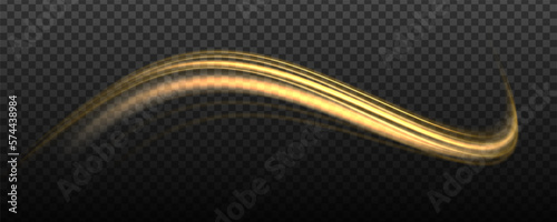 Glittering wavy trail. Golden glowing shiny spiral lines effect. Curved yellow line light. Swirling glow dynamic neon circles. Rotating shining rings. Shine magic gold swirl with flare sparkles Vector