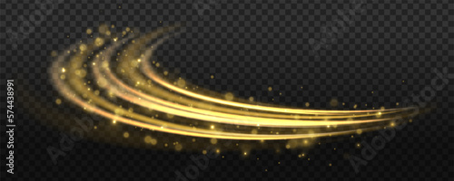 Glittering wavy trail. Golden glowing shiny spiral lines effect. Curved yellow line light. Swirling glow dynamic neon circles. Rotating shining rings. Shine magic gold swirl with flare sparkles Vector