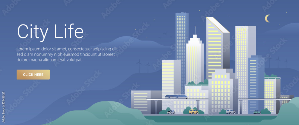 Flat vector illustration of the night city landscape with public transportation and street traffic. Skyline background with office buildings, mountains and wind turbines.
