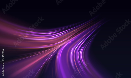 High speed effect motion blur night lights blue and red. Futuristic neon light line trails. bright sparkling background. Purple glowing wave swirl, impulse cable lines. Long time exposure. Vector
