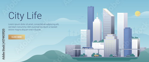 Flat vector illustration of a city road landscape with public transportation and street traffic. Skyline background with office buildings, mountains.
