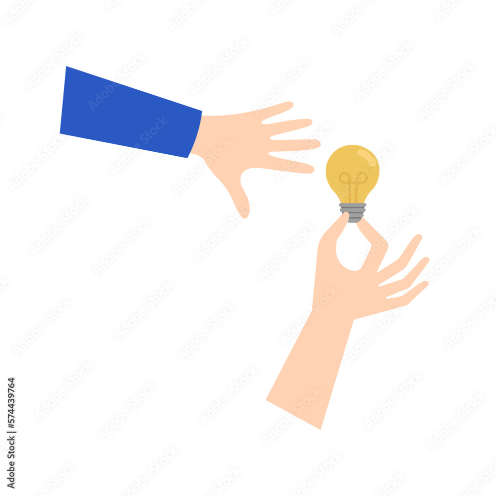One hand holds bulb light. Other hand wants to take lamp bulb. Business idea solutions, teamwork and strategy concept. Vector illustration isolated on white One hand holds bulb light. Other hand wants to take lamp bulb. Business idea solutions, teamwork and strategy concept. Vector illustration isolated on white