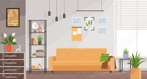 Interior design living room. Furniture in regular home with no people. Green houseplants in pots and pictures in frames on wall shelf, sofa, chest of drawers, interior elements of room