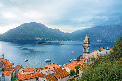 View of the islands of Gospa od Skrpjela and St. George, which are located opposite Perast in
Montenegro photo