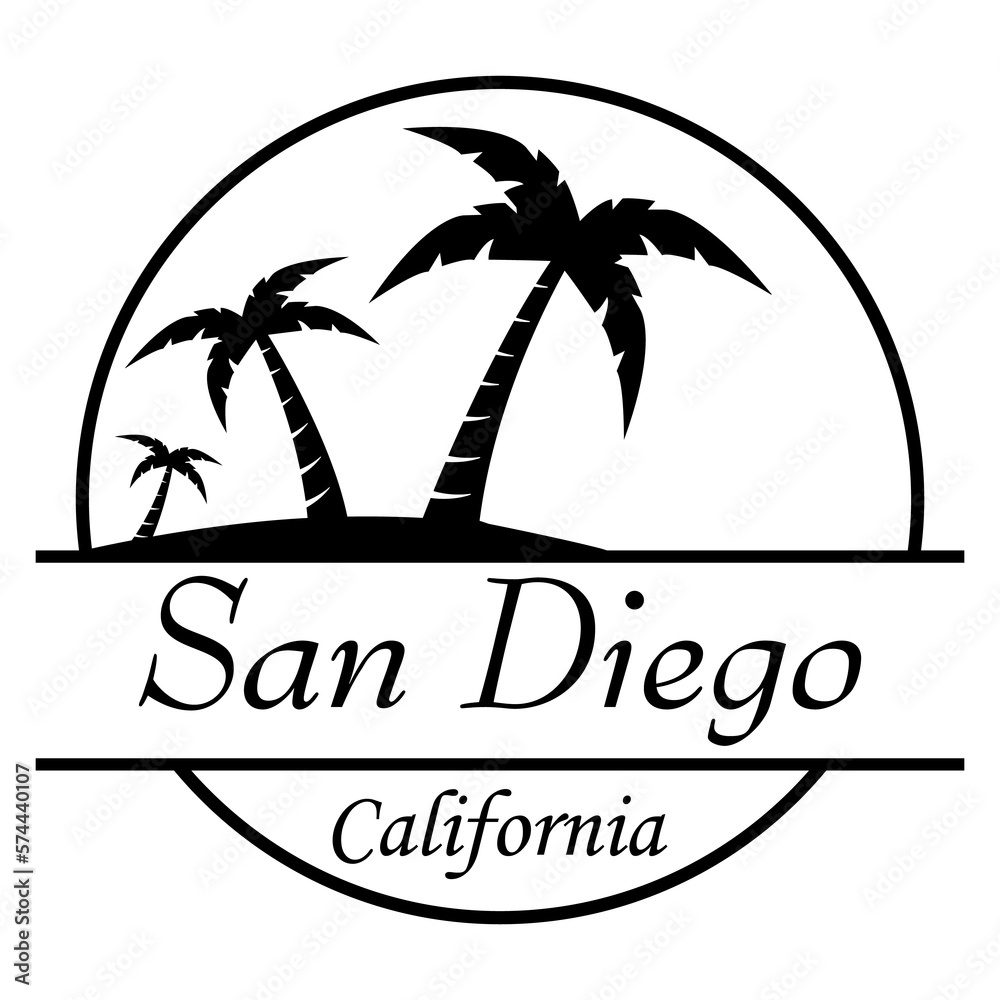 Destino de vacaciones. Logo aislado con texto manuscrito San Diego California con silueta de playa con palmeras en círculo lineal