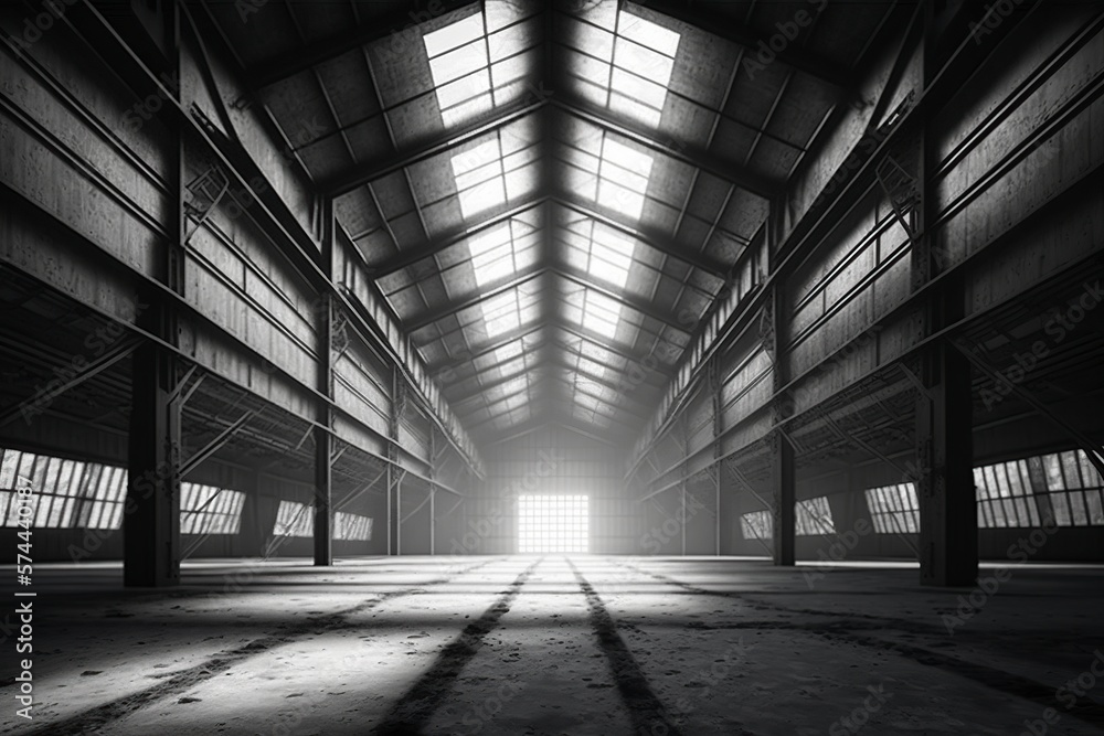 illustration, empty hangar with large steel structure, ai generative illustration, empty hangar with large steel structure, ai generative