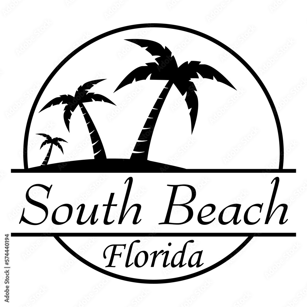 Destino de vacaciones. Logo aislado con texto manuscrito South Beach Florida con silueta de playa con palmeras en círculo lineal