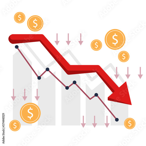 Financial crisis, drop in financial profitability, business failure, economy crash, bankruptcy unpaid loan debt. Down money arrow, negative chart, losing profits. Global economic money problem