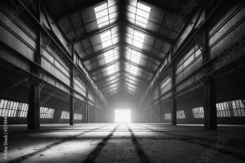 illustration, empty hangar with large steel structure, ai generative