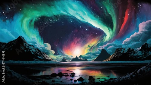 Aurora Borealis Northern Lights over Majestic Mountains and Lake Looped Animation photo