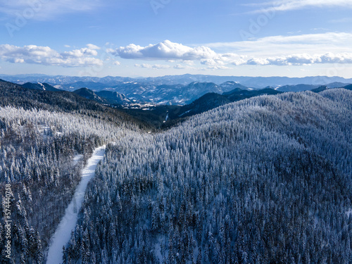 Aerial view of Rhodope Mountains around village of Stoykite, Bulgaria photo