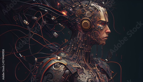 A detailed illustration of a cyborg with intricate mechanical parts and circuitry AI Generated