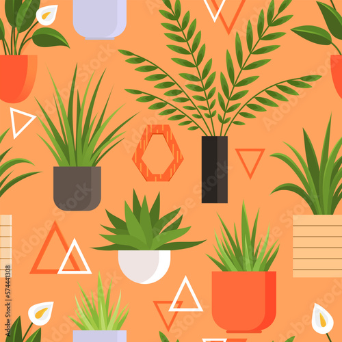 Plant in pot seamless pattern flowerpots set. Cartoon flat different indoor potted decorative houseplants for interior home or office decoration, green garden floral collection on orange background