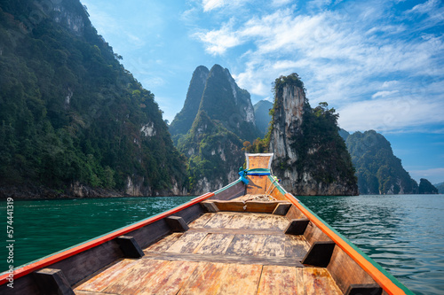 Boat view of epic limestone cliffs at Cheow Lan lake, Khao Sok National Park, Suratthani, Thailand