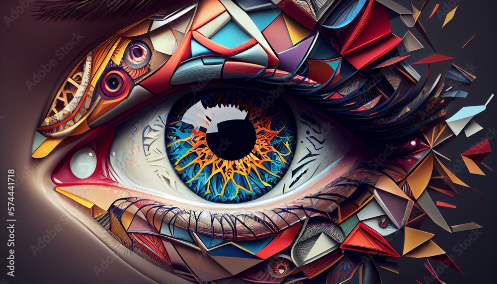 A close-up of a person's eye with a geometric design, with various shapes and colors forming an intricate pattern. AI Generated
