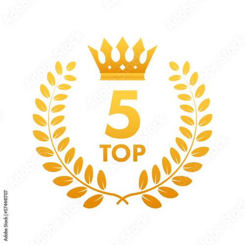 Top 5 label. Golden laurel wreath icon. Vector stock illustration.