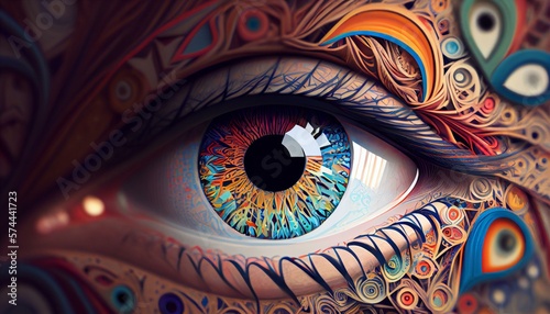 A close-up of a person's eye with a geometric design, with various shapes and colors forming an intricate pattern. AI Generated