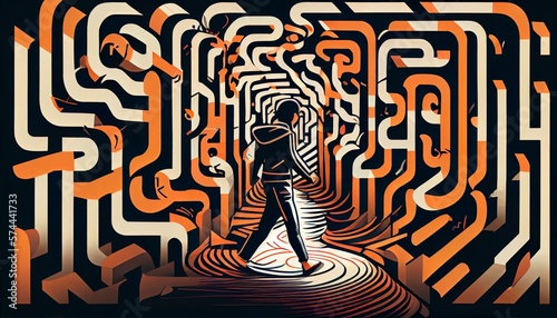 An illustration of a person walking through a maze of geometric shapes, with different pathways and dead ends. AI Generated
