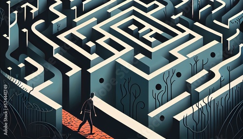 An illustration of a person walking through a maze of geometric shapes, with different pathways and dead ends. AI Generated photo