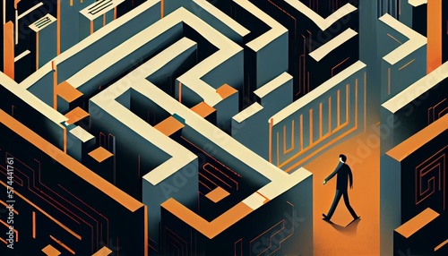 An illustration of a person walking through a maze of geometric shapes, with different pathways and dead ends. AI Generated