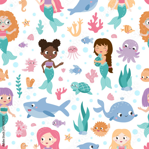 Seamless pattern with cute mermaids, sea animals and fish, seaweeds, corals. Kawaii cartoon characters. Fairy tale. Flat style. Vector illustration.