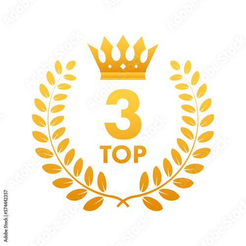 Top 3 label. Golden laurel wreath icon. Vector stock illustration.