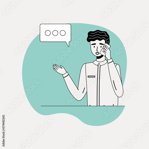 Young man standing and talking on smartphone, businessman speaking using his mobile phone with speech bubble. Successful happy manager talking on cell phone. Modern communication with gadget