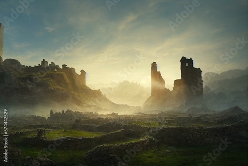 Fotografiet digital illustration of fantasy medieval environment landscape concept background in ancient ruin city floating in sky