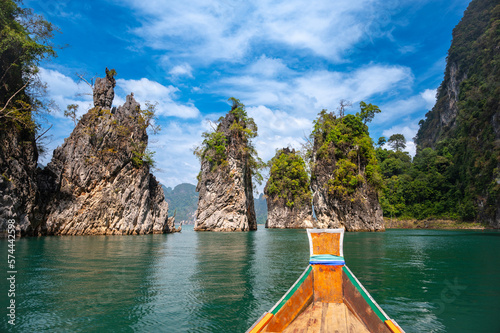 Scenic view of three karst rock formations at Cheow Lan lake, Khao Sok National Park, Suratthani, Thailand