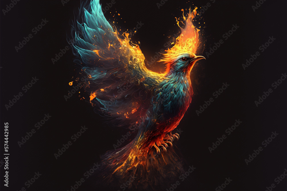 Phoenix bird with wings on fire. Mythological folklore spiritual creature. Ai generated