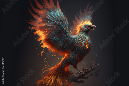 Phoenix bird with wings on fire. Mythological folklore spiritual creature. Ai generated © dragomirescu