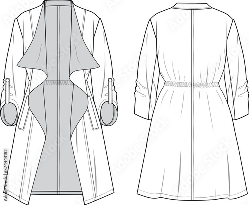 Women's Elastic Waist Longline Jacket. Technical fashion illustration. Front and back, white color. Women's CAD mock-up.