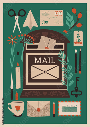 Set of vintage postal elements in flat style. Vector illustrations of envelopes, post office, mail box, plants, scissors, cup, berries, candles, flowers, postcards. Isolated mail's graphic clip arts.