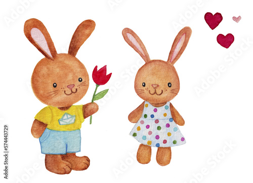 Watercolor illustration of a cute bunny couple with a red tulip in his hand.