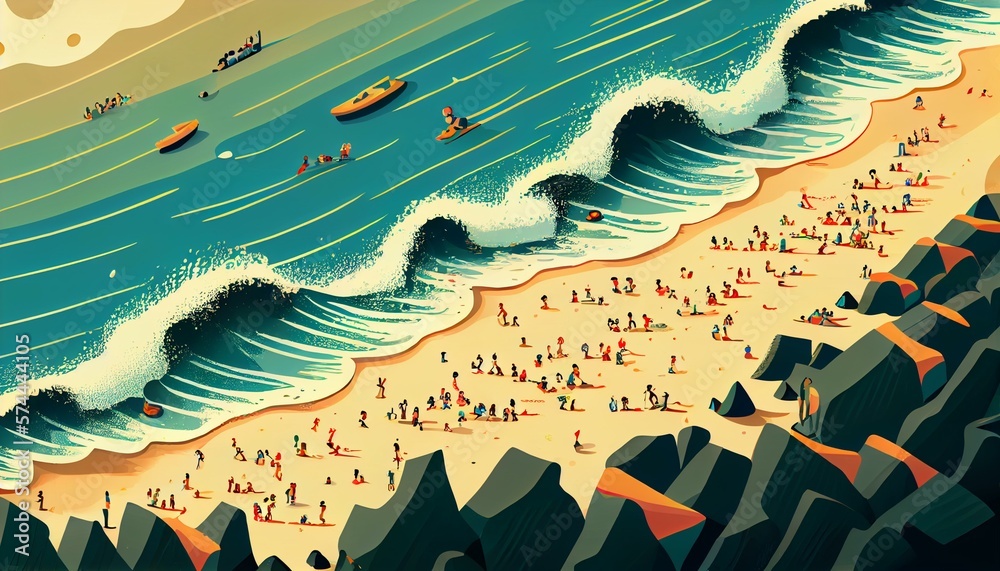 A detailed illustration of a beach with people sunbathing and swimming, and waves crashing on the shore AI Generated