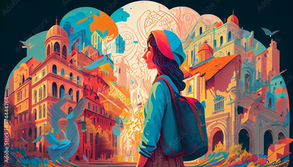 A detailed illustration of a person exploring a beautiful city, with landmarks, people, and vibrant colors AI Generated