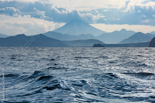 Pacific Ocean, Volcano and mountains, Kamchatka, nature, blue water.