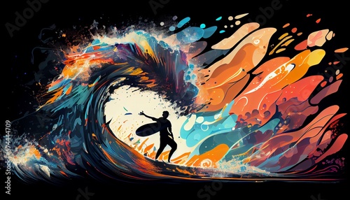 An abstract illustration of a person surfing on a big wave  with dynamic and colorful energy AI Generated