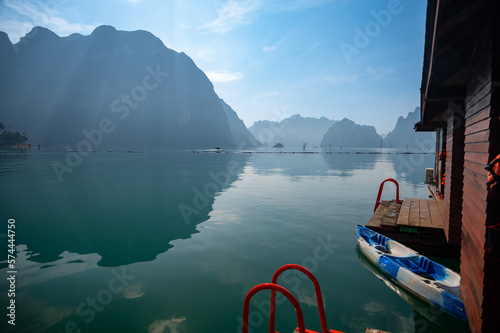 View from floating bungalows at the Cheow Lan lake, Khao Sok National Park, Suratthani, Thailand