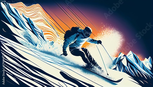 An illustration of a person skiing down a mountain slope, with a sense of speed and excitement AI Generated