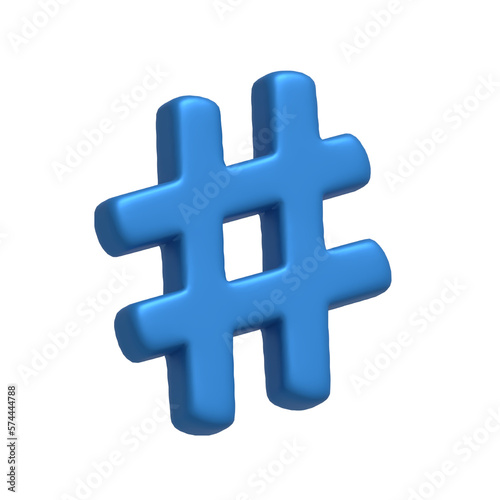 Blue network Hashtag icon sign media tag, trend communication and social follow symbol isolated on transparent background. 3D rendering.