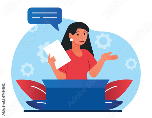 Orator at public speaking. Woman with document giving lecture. Business conference and presentation, meeting. Female leader at public speaking before audience. Cartoon flat vector illustration