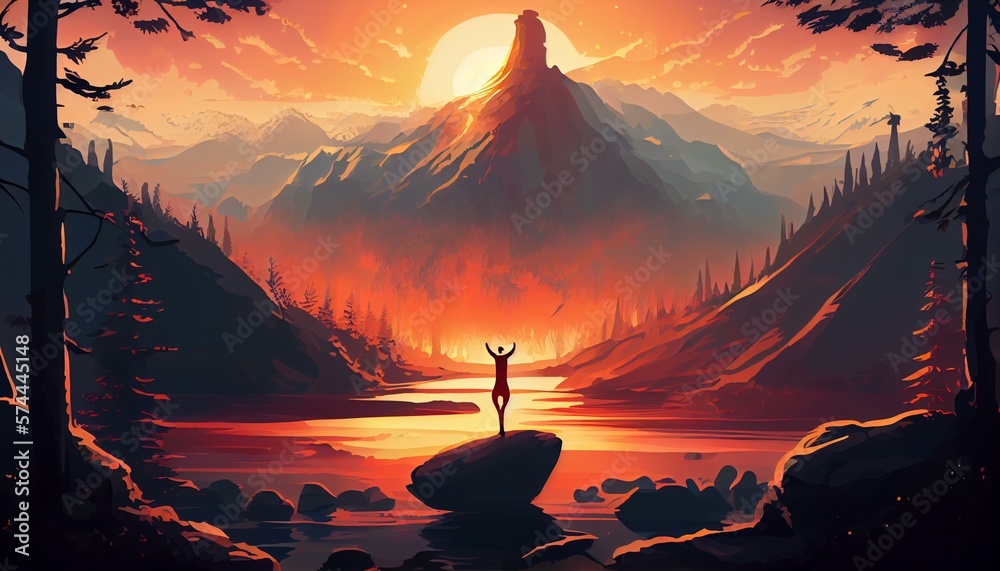 An illustration of a person practicing yoga in a beautiful natural setting, with the sun rising in the background AI Generated