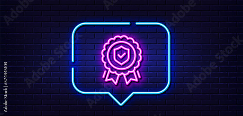 Neon light speech bubble. Insurance medal line icon. Certified risk coverage sign. Confirmed protection symbol. Neon light background. Insurance medal glow line. Brick wall banner. Vector