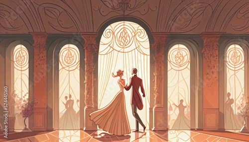 A detailed illustration of a couple dancing in a ballroom, with elegant clothes and a beautiful backdrop AI Generated