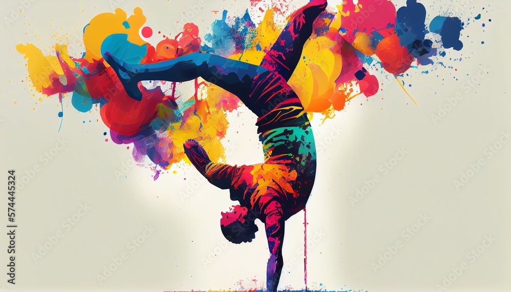 Fototapeta premium An abstract illustration of a person doing a handstand, with a colorful and dynamic energy AI Generated