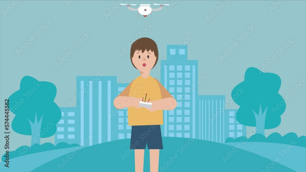 Graphic of boy character playing drone. Boy playing with drone and face of the boy is surprised. Drone boy is outside and flying the drone. 2D Animation, 4K Resolution, Loopable. Graphic of boy character playing drone. Boy playing with drone and face of the boy is surprised. Drone boy is outside and flying the drone. 2D Animation, 4K Resolution, Loopable.
