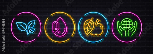 Apple, No alcohol and Leaves minimal line icons. Neon laser 3d lights. Organic tested icons. For web, application, printing. Fruit, Mineral oil, Grow plant. Safe nature. Neon lights buttons. Vector